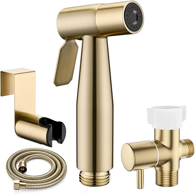 BRITULIF Bidet Sprayer for Toilet, Adjustable Pressure, Gold | Leak-Free Hose, Tank or Wall Mount, Feminine Wash, Cloth Diaper Rinse, Stainless Steel Body, Nozzle, Soft Silicone Nozzle