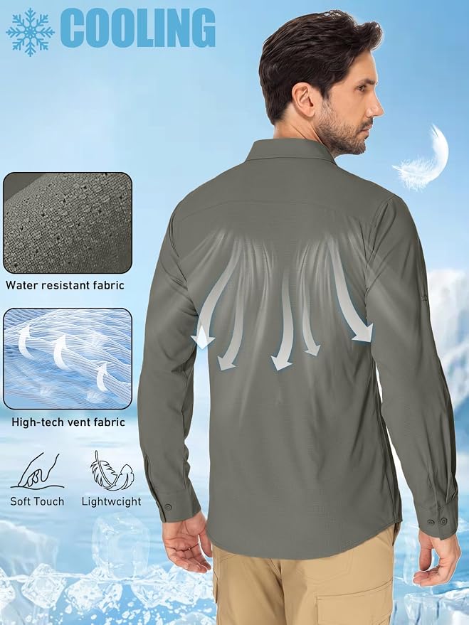 linlon Men's Safari Shirt UV Sun Protection Long Sleeve Hiking Travel | Button Down Mesh Back Vents UPF 50+ Quick Dry Breathable Cool Lightweight Outdoor Travel Fishing Gardening Clothes