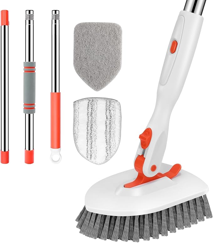 SetSail Tile Tub Scrubber Brush 3-in-1 Shower Scrubber with Long Handle | with 3 Detachable Replacement Brush Head, Multi-Angle Cleaning Locks at 45°, 90°, 180° for Bathroom Kitchen Walls Tub Tile