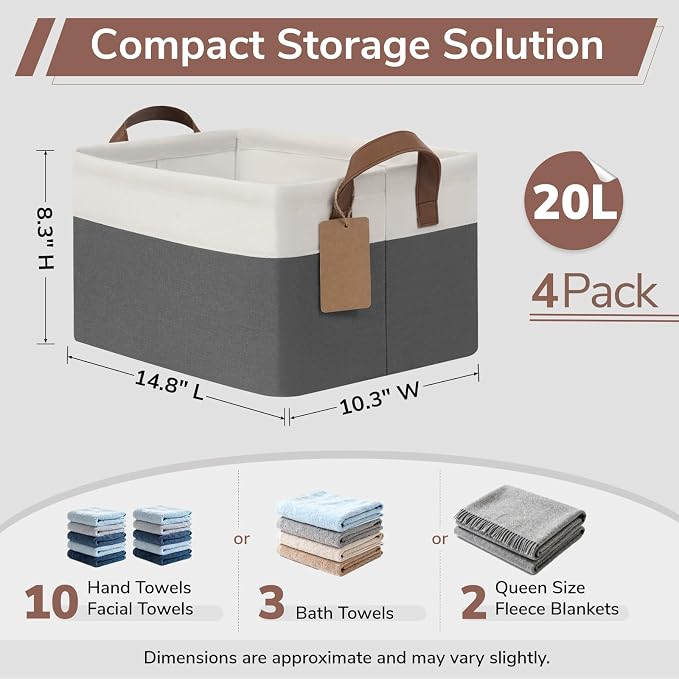 CHICVITA 4 Pack Fabric Storage Bins for Shelves, 20L Gray & White | 14.8" × 10.3" × 8.3" Collapsible Storage Baskets for Toys, Clothes & Books, Fits Nursery & Living Room Organization
