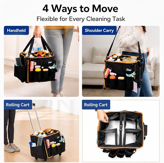 YMU Rolling Cleaning Caddy Bag, Cleaning Cart for Housekeeping | 30L Large Room | 4 in 1 Portable | Detachable Trolley | with Swivel Caster & Shoulder Strap | Waterproof Oxford Fabric