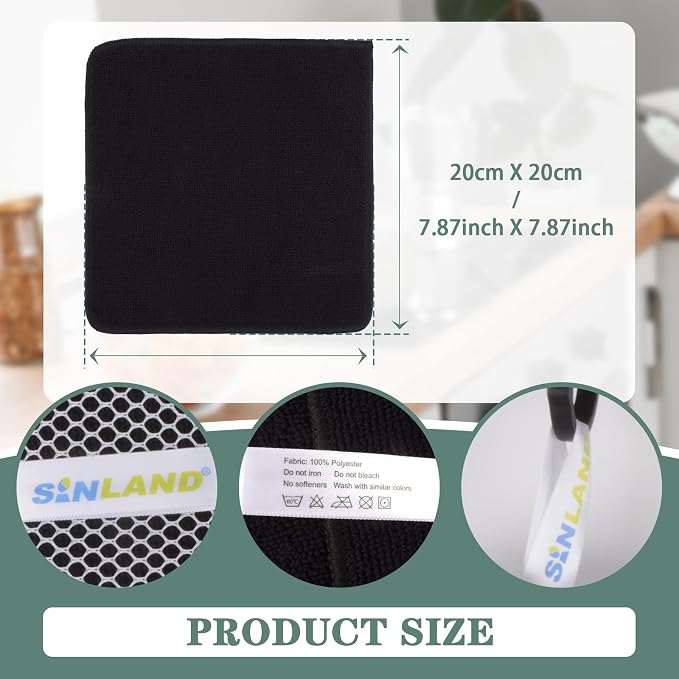 Dish Cloth for Washing Dishes Kitchen Washcloth Cleaning Cloth | 7.87x7.87inch 10pack Kitchen Towels Rags, Microfiber Cleaning Cloths, Wash Cloths with Poly Scour Side, Wholesale, Black