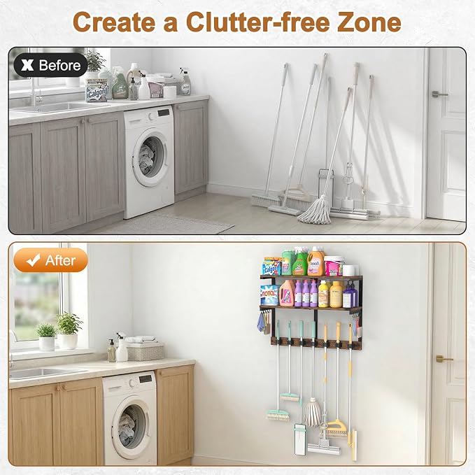 Housolution Wall Mount Broom Holder Hanger Laundry Room Storage Shelves | 2 Tier Large Capacity, Thickened Metal Frame, 100 LBS High Load-Bearing, Multifunctional with 7 Grippers & 8 Hooks