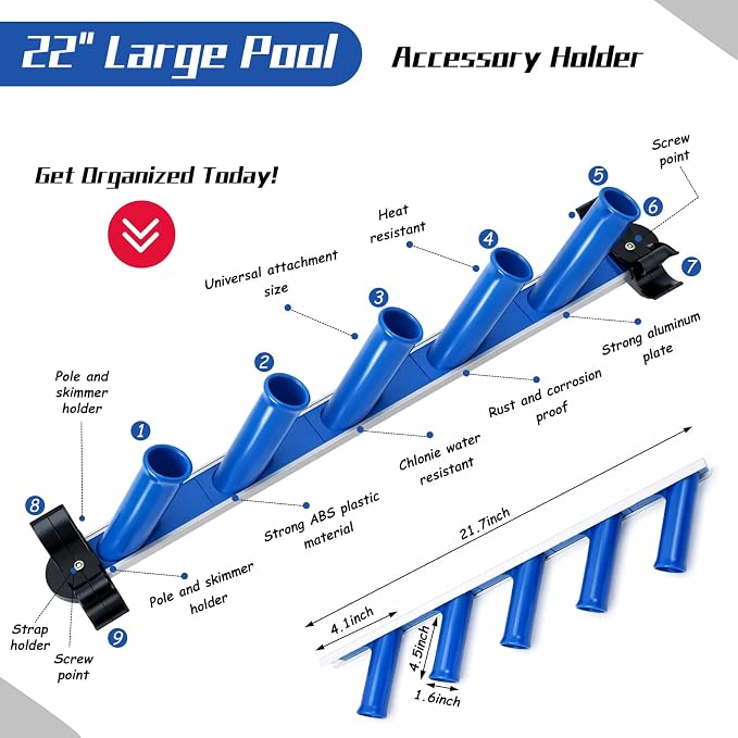 6 Pcs Swimming Pool Accessories Holder Set 4 Pool Pole Hanger Cleaning Maintenance Tool Equipment Organizer Storage Hooks Racks for Telescopic Poles Skimmers Nets Leaf Rake Brush Vacuum Hose