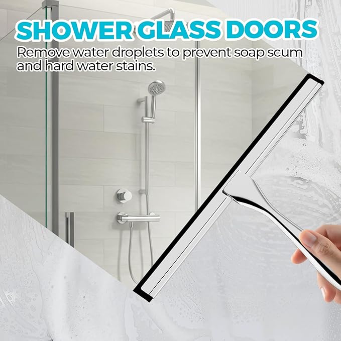Shower Squeegee for Glass Doors, Tile Walls, Mirrors and Windshields | 10" Silver, Bathroom Accessories, Window Cleaner, New Home Essentials, Silicone Blade, Metal Handle, Adhesive Hook