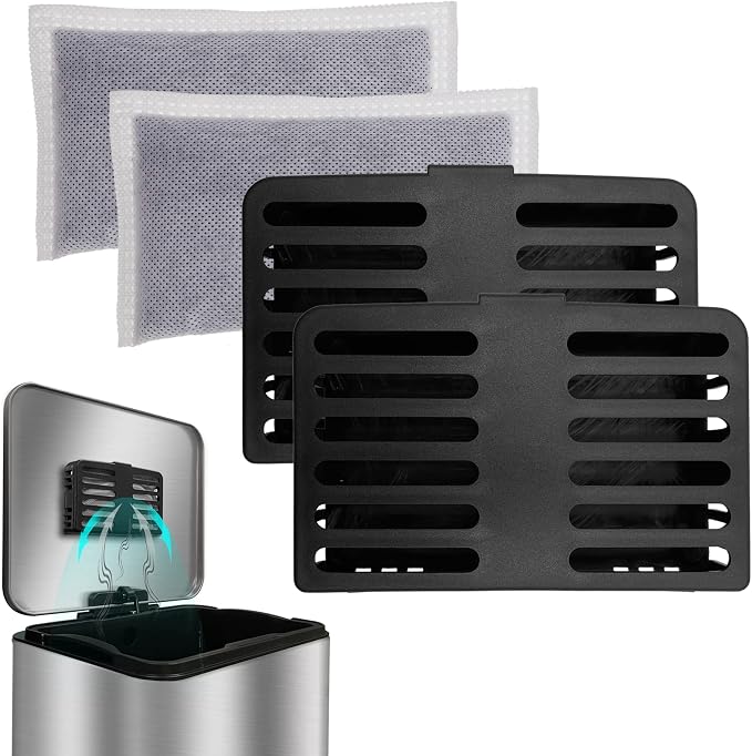 Trash Can Deodorizer Kit Stick-On Activated Carbon Odor Eliminator | for Large Trash Cans, Indoor Kitchen Compost bins, Big Step or Touchless Sensor Garbage Cans, Odor Absorber (2 Black Kits)