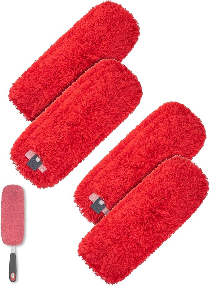Microfiber Duster Refills Compatible with OXO Good Grips Duster | Reusable Duster Refill Washable Duster Brush Refill Head Replacement for OXO Extendable Duster for Cleaning -4 Pack, Red