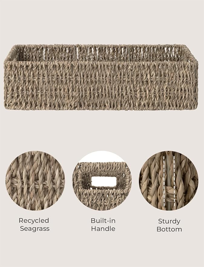 StorageWorks Seagrass Baskets with Built-in Handles, Bathroom Decor Box for Toilet Tank Top, 14 ¼"L x 6 ½"W x 3 ¾"H (Pack of 2)