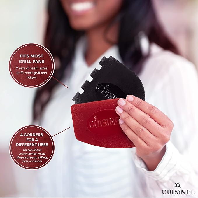 Cuisinel Cast Iron Chain Mail Scrubber + Cleaning Brush + Pan & Grill Scrapers - The Ultimate Skillet and Grill Cleaner Kit - Soft-Touch Confident-Grip Dish Scrub Tool - Silicone/Stainless Accessories