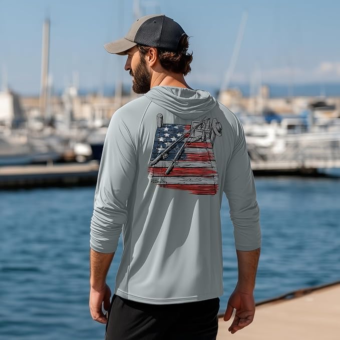 Palmyth Men's Fishing Hoodie UPF 50+ Long Sleeve with Face Mask Neck Gaiter | Zipper Pocket, Thumb Loops, Quick-Dry, Side Mesh Panels, Lens Cleaning Cloth