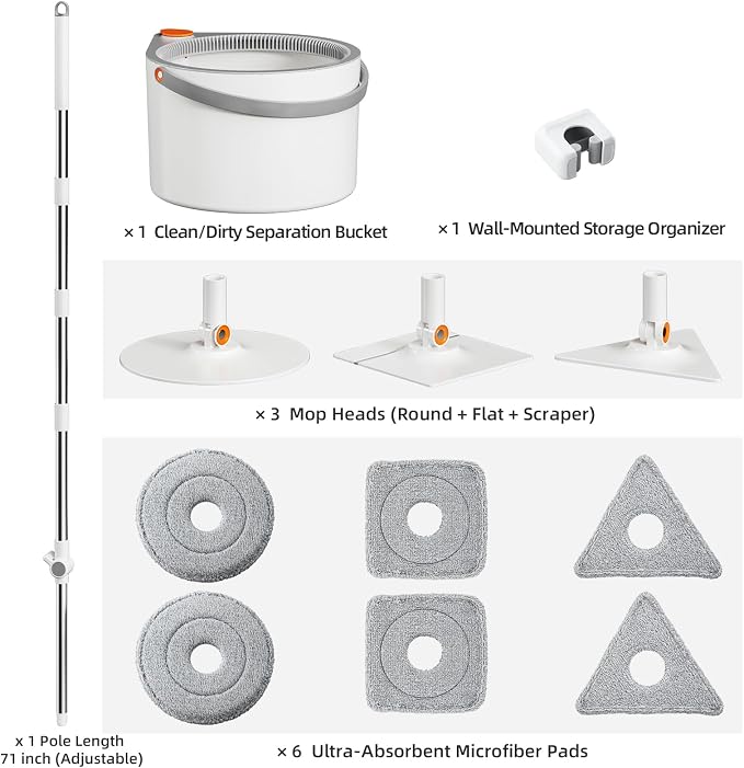 3-in-1 Spin Mop and Bucket Set, Clean Water Separation, 71 in Handle | 3 specialized mop heads, 6 microfiber refills, 71 in reach for floors, walls, baseboards and corners