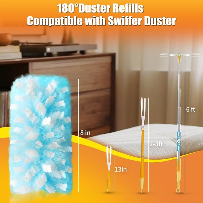 60 Count Duster Refills Compatible with Swiffer Duster, 180° Disposable Multi-Surface Microfiber Cleaning Dusters, Unscented