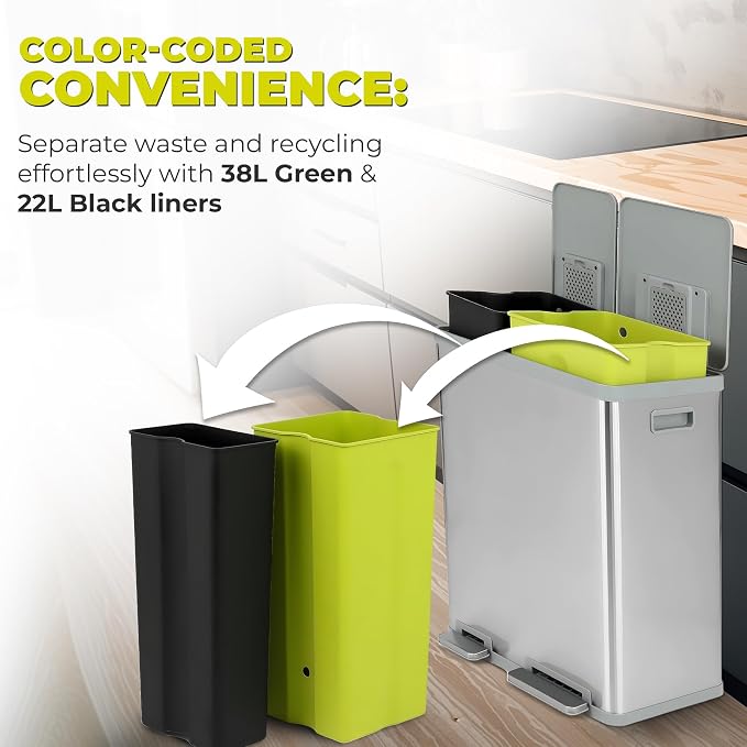 60 Liter / 16 Gallon Rectangular Hands-Free Dual Compartment Recycling Kitchen Step Trash Can with Soft-Close Lid, Brushed Stainless Steel (40L + 20L Capacity)