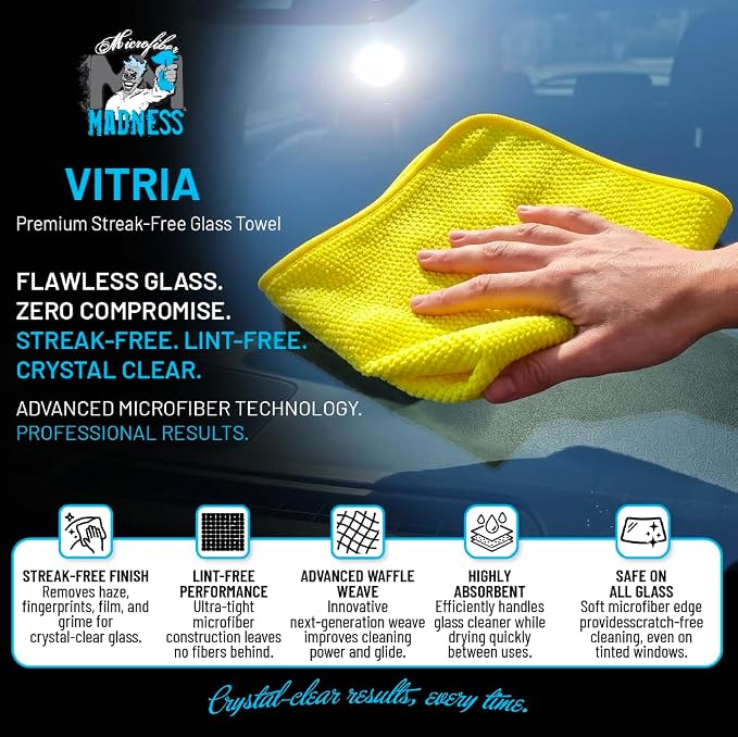 Vitria Glass Cleaning Towel 16"x16" - Window Cleaning Cloth - German Engineered Microfiber Glass Cloth