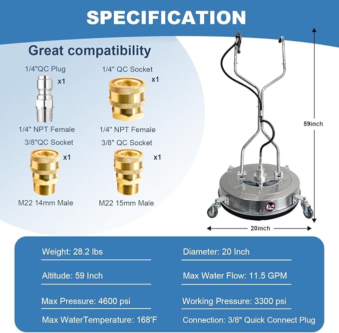 GarveeTech 20'' Pressure Washer Surface Cleaner with 4 Wheels, 4600PSI Stainless Steel Dual Handle Surface Cleaner, Power Washer Surface Cleaner for Concrete, Driveways, Sidewalks,Decks Cleaning | 4600PSI Stainless Steel Power Washer Surface Cleaner wi...