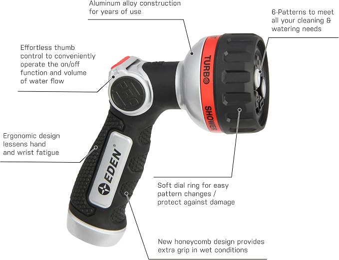 Eden 94814 Metal Thumb Control Heavy Duty Garden Hose Nozzle, Water Sprayer Nozzle with 6 Adjustable Watering Patterns, W/Quick Connect Starter Set for Plants, Lawn, Garden