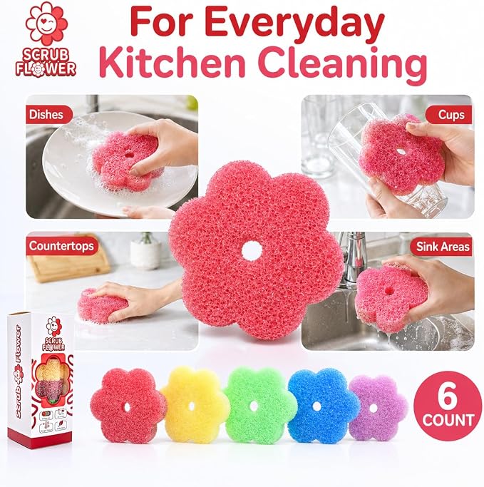 Scrub Flower Temperature-Sensitive Non-Scratch Dish Sponges, 6 Count | Firm in cold water for tough messes, soft in warm water for gentle cleaning; odor-resistant colors separate kitchen tasks.