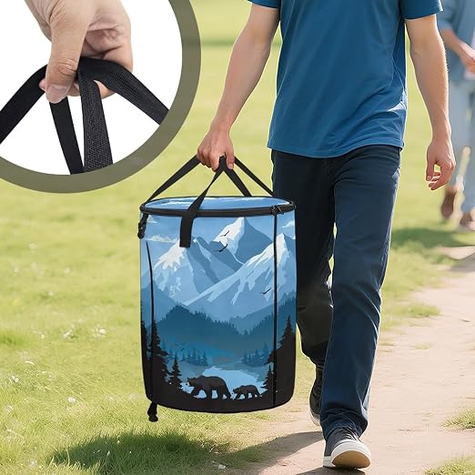 Snowy Mountains Bear Outdoor Trash Can with Lid 20+ Gallon Collapsable Trash Can Camping Large Capacity Design Garbage Bags for Rv, Backyard, Picnic