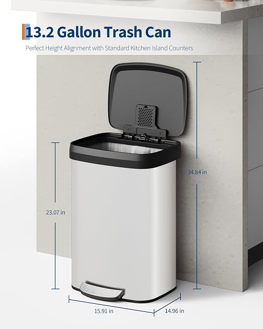 GarveeHome 13 Gal / 50 L Step-on Trash Can, Large Metal Kitchen Garbage Bin with Soft Close Lid, Rustproof Stainless Steel Trash Can, Inner Bucket Rim & Rear Handle, White