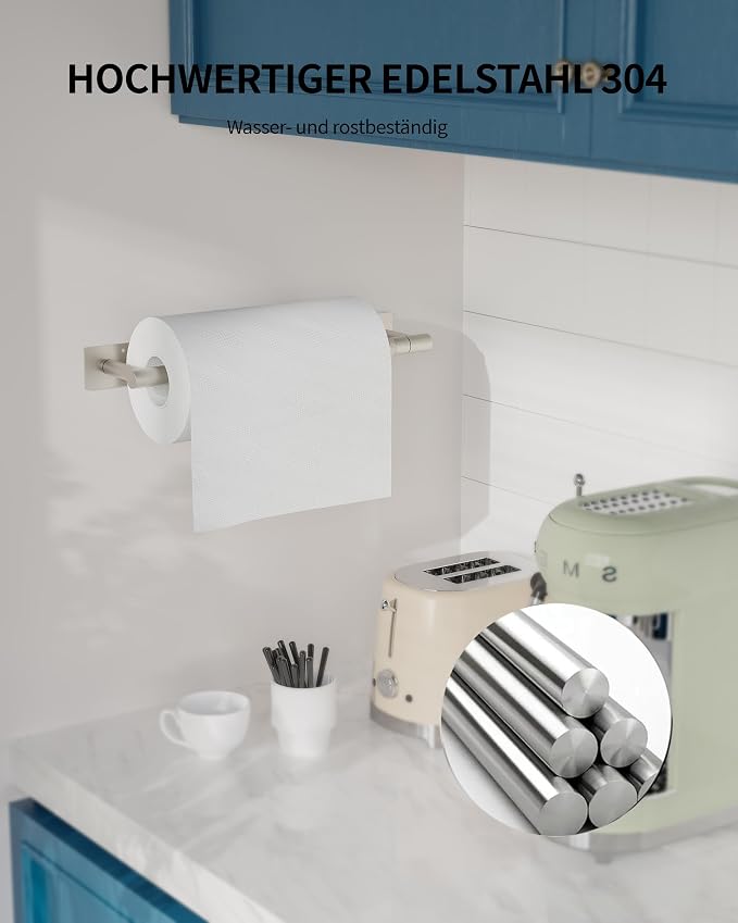 Paper Towel Holder Under Cabinet with Damping Single Hand Operable | 304 Stainless Steel Brushed Nickel Post Pivoting Design Wall Mounted & Self Adhesive, No Drilling Kitchen, Square Base