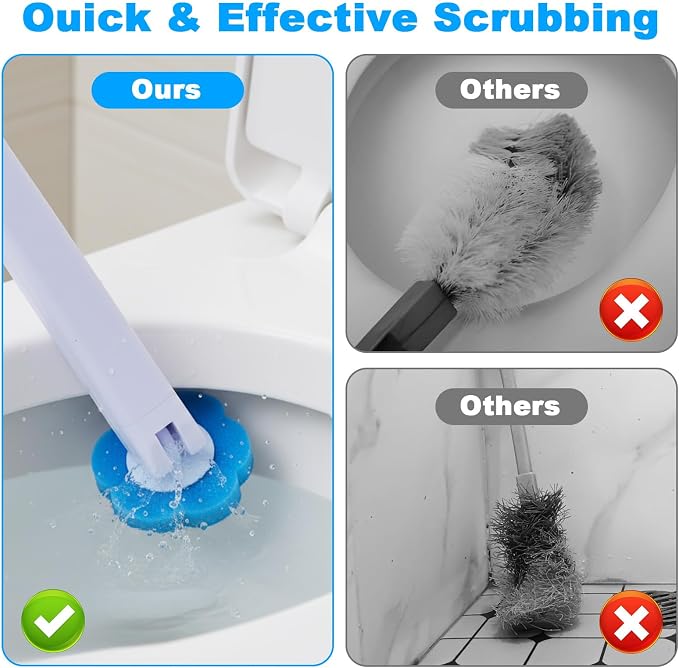 Ptwola 2 Pack Disposable Toilet Brush Holder Set Wall Mounted Extended Handle Toilet Bowl Cleaning Wand Stick Kit with 48 Refills Replacement Heads Pads for Bathroom Bathtub Deep Cleaners Maintenance