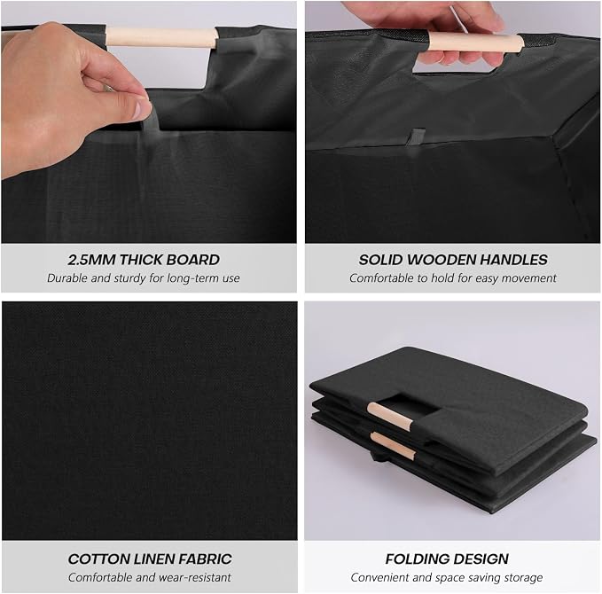 Fabric Storage Box, 16x12in Foldable Cotton Linen Basket with Wooden Handle | Large Rectangular Cube Decorative Home Laundry Organizer Clothes Blanket Container Organizing Clothes Sheets Jeans, Black