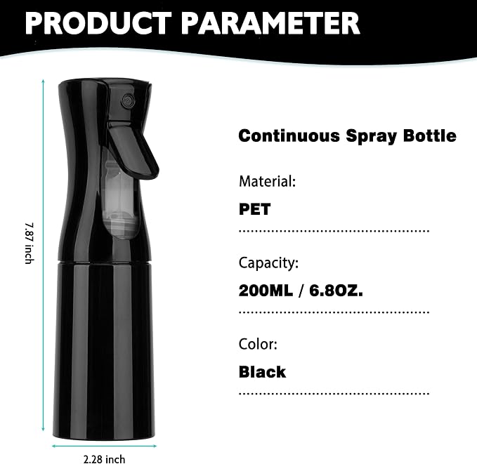 Spray Bottle for Hair (6.8OZ /200ML) Continuous Ultra Fine Mist Sprayer for Hair, Salons, Barber, Plants, Skin Care