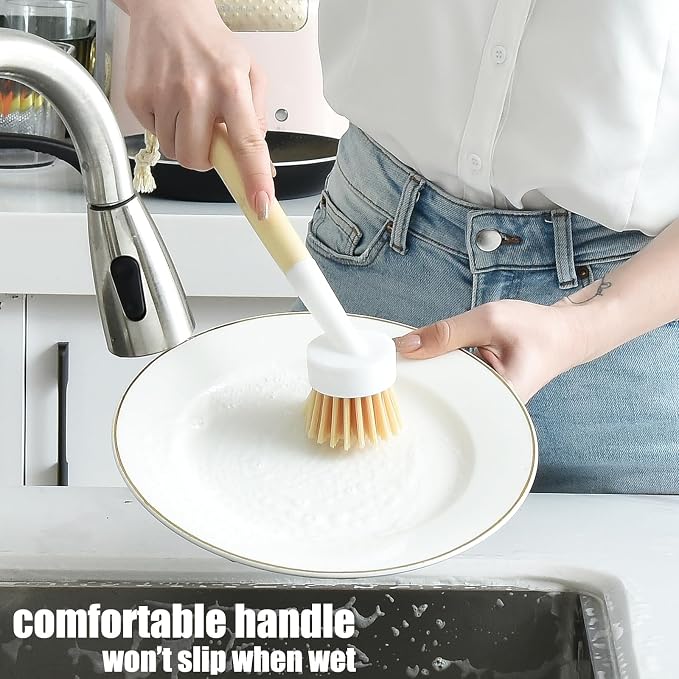 ALINK Dish Brush with Handle and 3 Replacement Heads, Pot and Pan Cleaning Scrub Brush for Kitchen, Sink, Stove, Cast Iron Scrubber