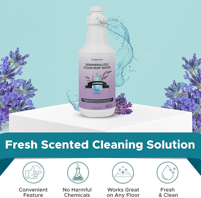Steam & Go Demineralized Water for Steam Mop – Lavender Scent, 32 oz (Pack of 12)| Scented Floor Cleaner Solution, Ready-to-Use, Compatible with Any Steam Cleaner