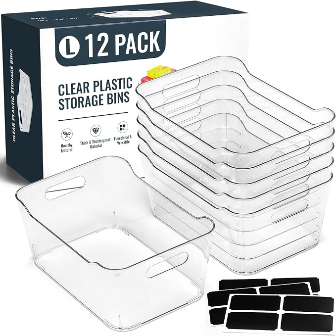 12 PACK Multi-Use Clear Plastic Storage Bins for Organizing w/Labels - Home, Kitchen, Pantry, Bathroom, Office, Cabinet Shelf Organizer Bins - SOHO Collection, RV, Fridge Organization Containers - L