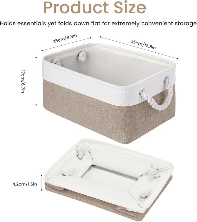13.8x9.8x6.7 Inch Fabric Small Storage Bins with Handles 6 Pack | Foldable Storage Basket, Sturdy Metal Strand, Cardboard Support Molding, Small Baskets for Organizing, Shelves, White/Khaki