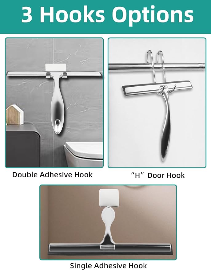 All-Purpose Stainless Steel Shower Squeegee Come with S Hook, 2 Square Sticky Hook 2 Rubber Strips Shower Squeegee for Glass Doors, Windows, Mirrors, Tiles and Car Glass -12 Inches Silver