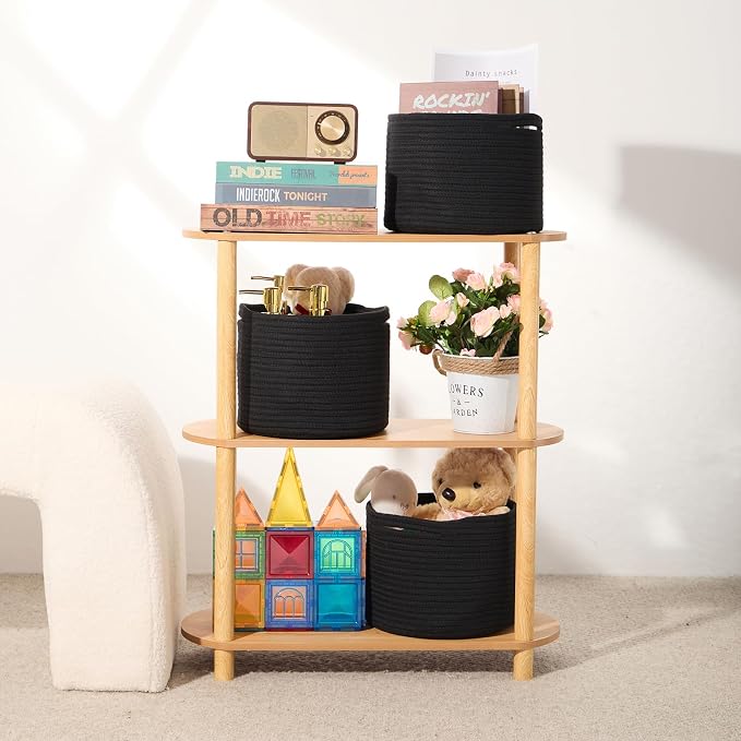 MiniArk Small Basket for Organizing | Cube Shelf Closet Storage Baskets | 9.7×9.7×7.1” | Woven Rope Gift Basket | Nursery | Round 3 Packs Black