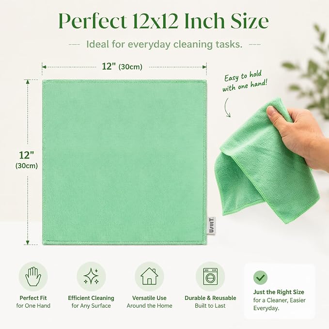 Microfiber Cleaning Cloths, Ultra-Soft and Highly Absorbent, Streak-Free, Lint-Free, Scratch-Free, Washable, for Car Detailing and Glass Cleaning,12" x 12", Green/Blue/Pink, 12-Pack