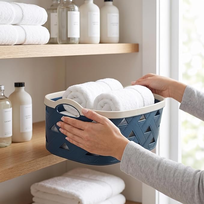 Large Plastic Storage Basket with Handles – Blue & Cream Decorative Bin for Bathroom, Kitchen, or Living Room – Designer Leather Pattern Organizer Basket, 10.6L