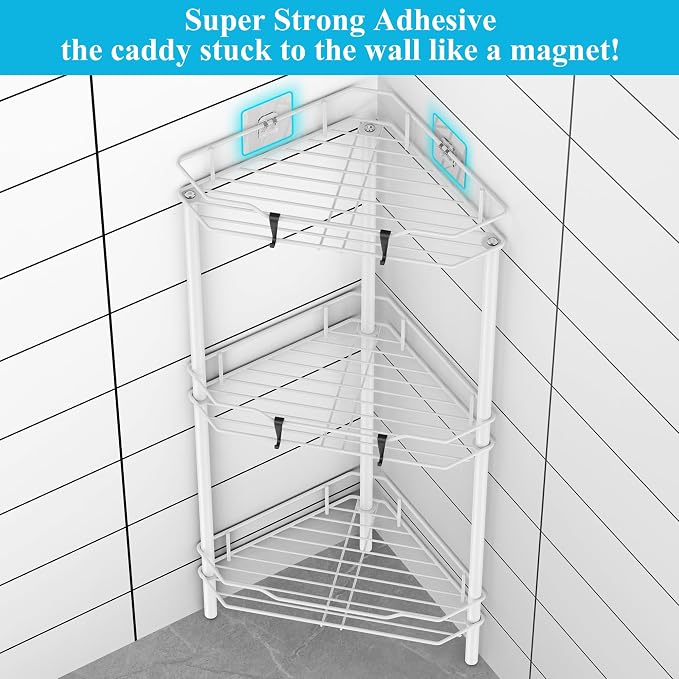 HuggieGems Metal Floor Standing Corner Shower Caddy, White, 3 Tier | Adhesive Bathroom Organizer Shelves, Free Standing Shower Rack with Hooks, Hold Large Shampoo Bottles