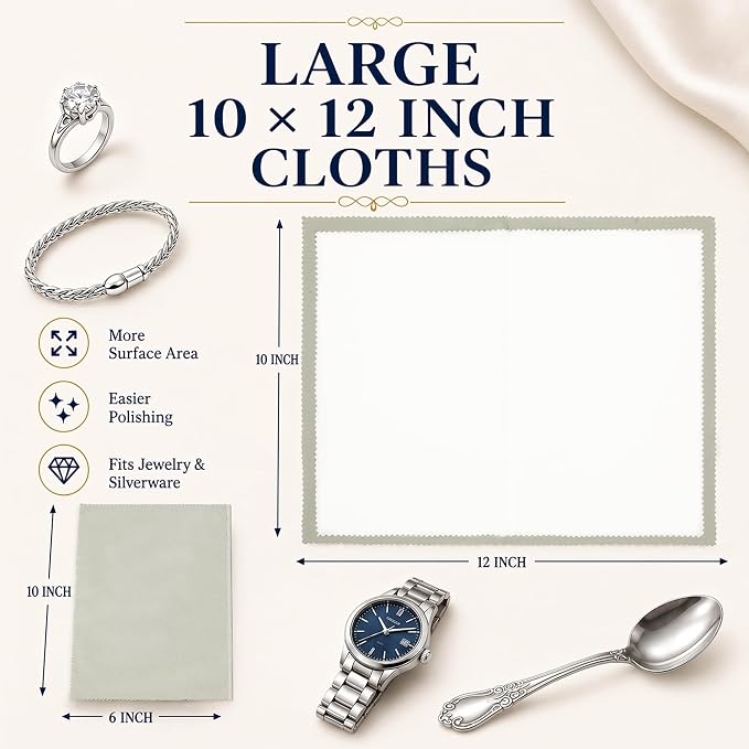 Bonison 3 Pack Large Silver Polishing Cloth – 10"x12" Jewelry Cleaning Cloth & Multi-Layer Jewelry Polishing Cloth for Silver, Gold, Diamond, Platinum, Coins, Watches, Gemstones（Gray）