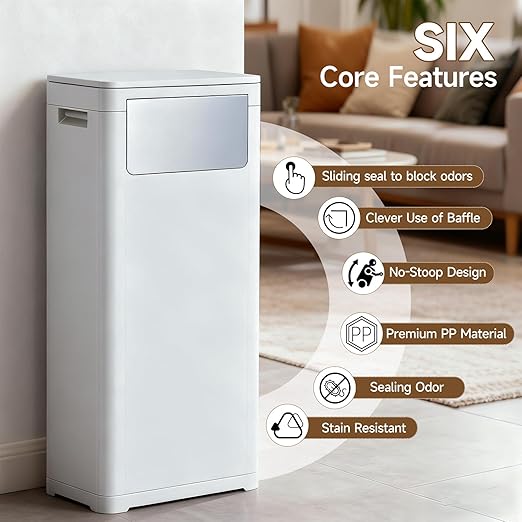 Tall Bathroom Trash Can with Lid, Skinny Commercial Trash Bin with Handle, Space Saving 8 Gallon Plastic Garbage Can with Press Top Lid, White Trashcans for Kitchens, Office, Living Room, Dorm