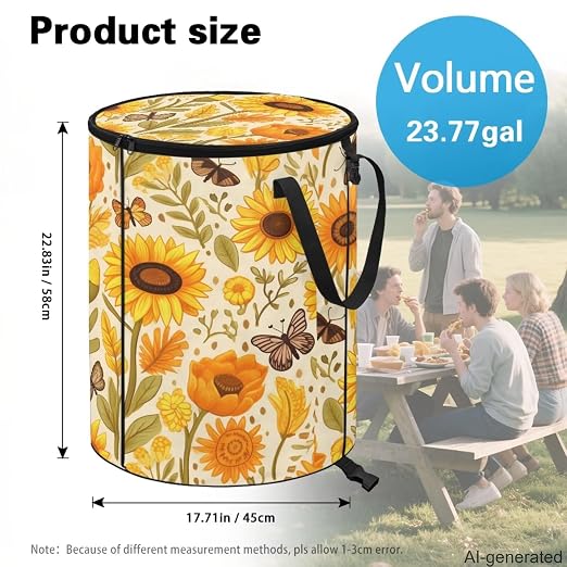 Sunflower Collapsible Trash Can 24 Gallon Pop-Up Outdoor Garbage Can with Handles Waterproof Lightweight Storage Bag with Lids for Camping, Backyard, Hiking