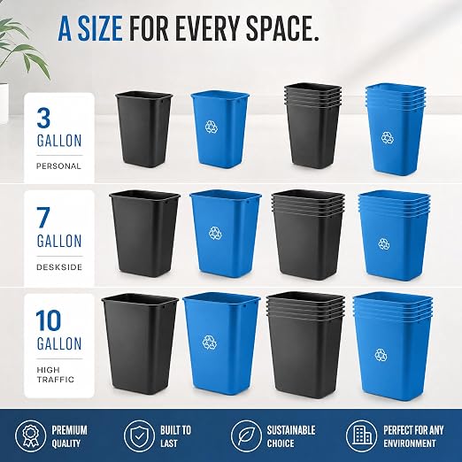 10 Pack, Recycle Wastebasket, 41 Qt./10 Gallon Rectangular Wastebasket / Trash Can Kit - Space Saving Recycling Bin, Narrow Spaces in Commercial, Kitchen, Home, Office, and Dorm - Black and Blue
