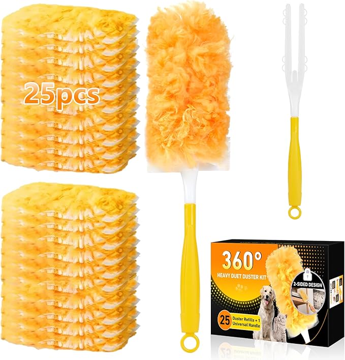 360° Duster Refills Kit for Swiffer Duster, 25 Pack & 1 Handle, Multi-Surface Dusters with 4X Cleaning Power. Efficient Duster Kit for Cleaning Pet Home, Office, Blinds, Furniture and More