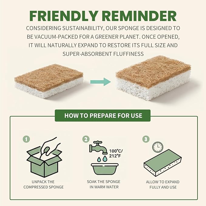 Metflavor Kitchen Sponges, 12 Count, Natural Sponge with Coconut Scrubber | Plant-Based, Non-Toxic, Biodegradable & Compostable, Non-Scratch, All-Purpose Cleaning