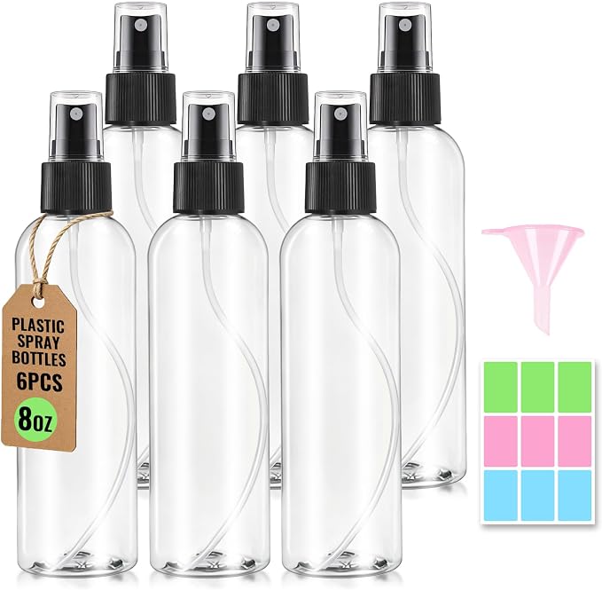 6 Packs 8 oz Clear Plastic Spray Bottles, Black Fine Mist Sprayer | Refillable Empty Bottles with Cap, For Essential Oils, Perfumes, Travel, Cleaning Solutions, With Labels & Funnel
