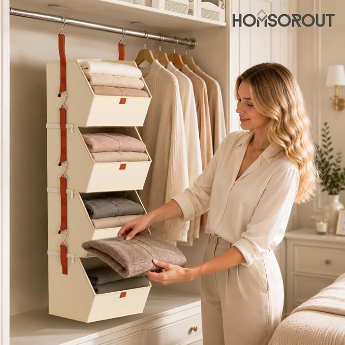 Collapsible Hanging Closet Organizer - 6 Tier Closet Shelves Storage System with Hooks, Fabric Hanging Storage Bins for Clothes, Foldable Storage Basket for Laundry, Bedroom, Rv, Beige