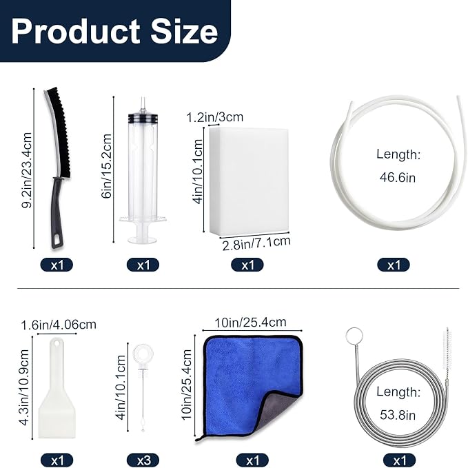 XANGNIER Refrigerator Water Line Cleaning Brush Kit,10 Pcs | Refrigerator Drain Cleaner Tool–53.8Inch Flexible Drain Brush,Syringe,Unclog Fridge&Ice Maker for Ice Dispenser,Sink