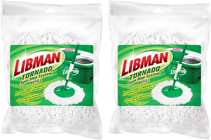Libman Tornado Spin Mop Refill Microfiber Heads, 2 Pack | Microfiber replacement heads for Libman Tornado Spin Mop System; case pack of 2.