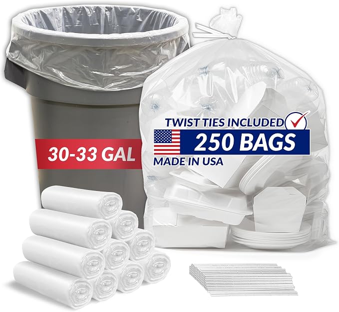 Reli. 30-33 Gallon Trash Bags Heavy Duty | 250 Trash Bags, Twist Ties | Clear, Serious Garbage Cleanup | Large Garbage Bags with Twist Ties, Made in USA | SuperValue