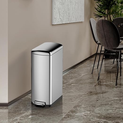 8Gal/30L Slim Kitchen Trash Can, Skinny Stainless Steel Garbage Can with Removable Inner Bucket & Soft Close Lid, Narrow Trash Bin for Bathroom Living Room Office, Silver
