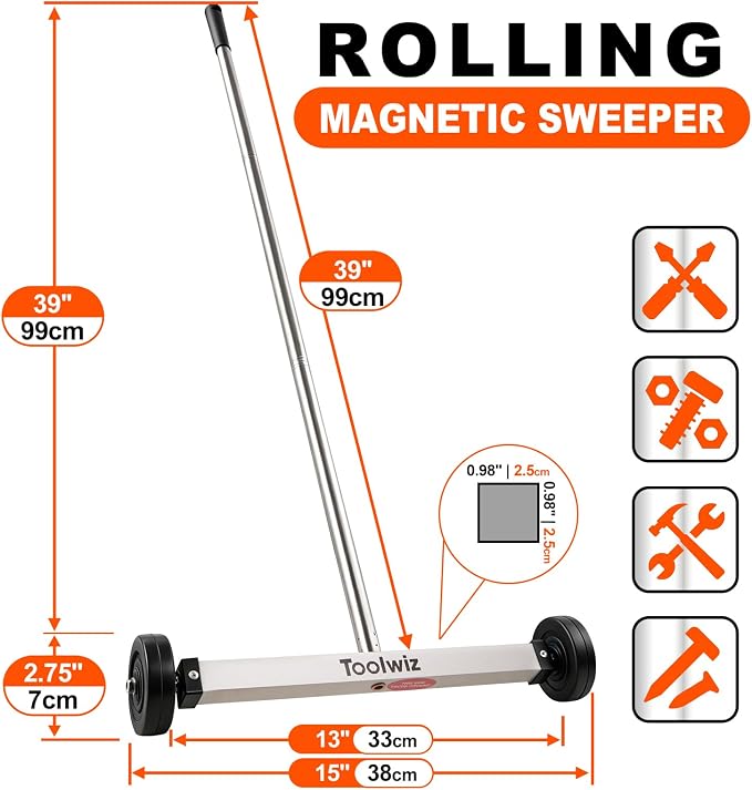 Toolwiz 15" Rolling Magnetic Sweeper 10 Lbs Rolling Magnetic Sweeper | 10lbs Capacity Sweeper, Magnetic Pick Up Tool, Lightweight with Wheels, For Nails, Screws & Metal Debris