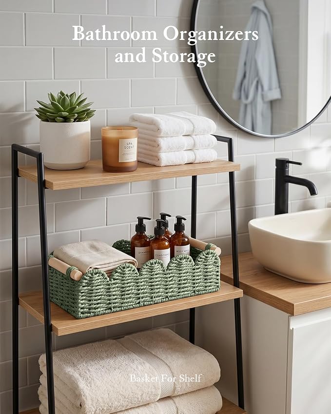 Toilet Paper Storage Basket for Toilet Tank, Bathroom Organizer | Scalloped Decorative Basket for Bathroom Home Decor, Woven Basket for Shelves, Living Room, Countertop, Paper Rope, Green